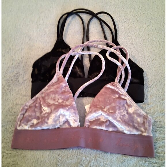 PINK Victorias Secret XXS Strappy Bralette Crushed Velvet purple black set of 2 - Picture 1 of 5